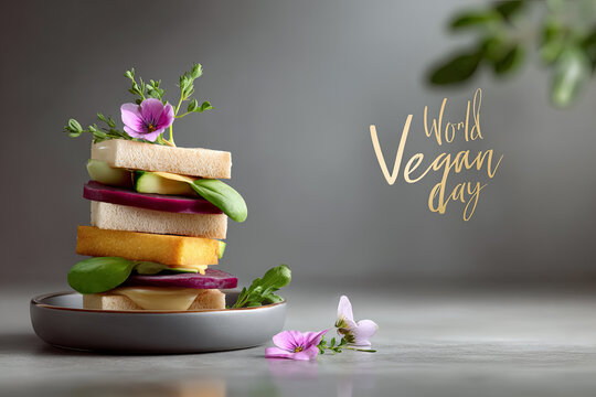 Colorful vegan layered dish with flowers and herbs for World Vegan Day celebration
