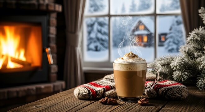 Cozy winter scene with coffee fireplace and snowy window view - Powered by Adobe