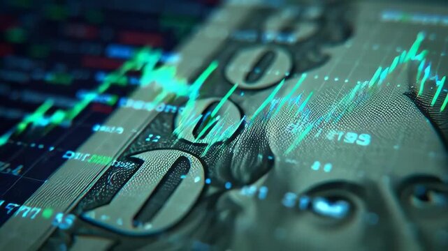 Close-up of a ten-dollar bill with superimposed green and blue financial market charts and data, representing economic growth and investment.