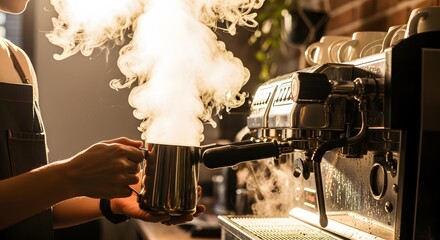 Barista Steaming Milk for Coffee in Cafe with Espresso Machine.
