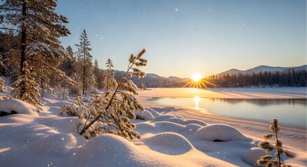 Golden sunrise over a frozen lake in a snow covered winter landscape
