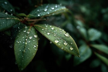 Close-up of water droplets on green leaves with a blurred background