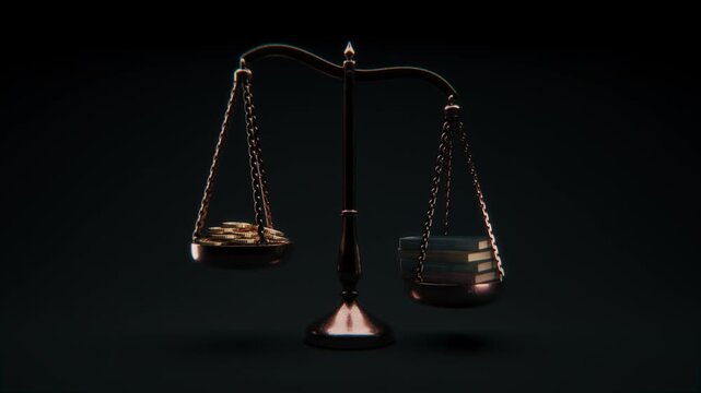 Cinematic 4K loop of a vintage balance scale with stacked books on one side and gold coins on the other, symbolizing knowledge, education value, investment, and the trade-off between money and learnin