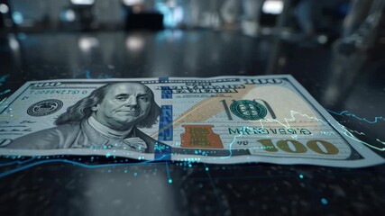 A hundred dollar bill illuminated by digital blue lines on a dark surface, symbolizing finance and technology. - Powered by Adobe