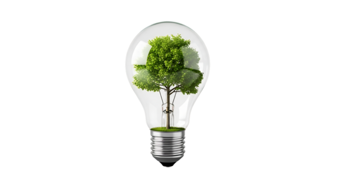 A green tree with lush foliage, growing inside a clear glass light bulb, isolated on transparent background, cutout, PNG