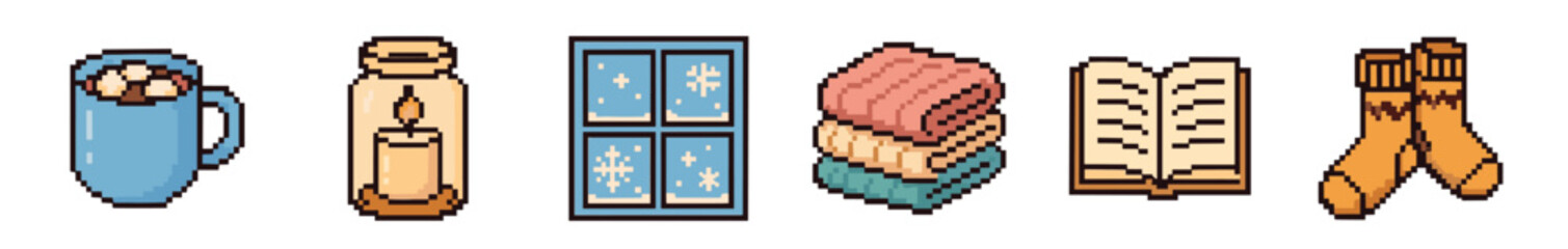 Set of cozy winter pixel art icons including a mug of cocoa, a candle, a snowy window, blankets, a book, and warm socks, illustrating a comfortable hygge lifestyle