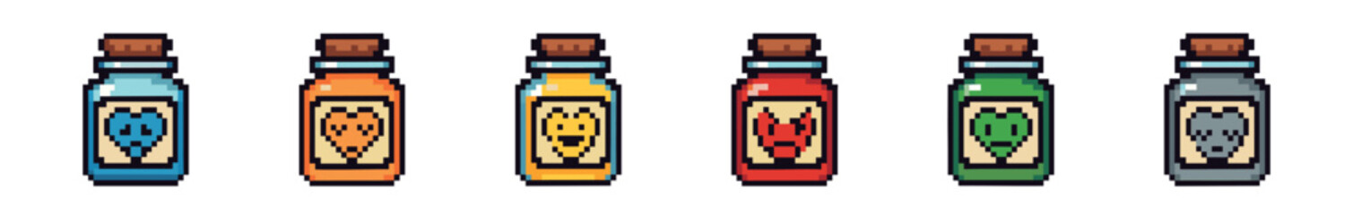 Set of six pixel art potion bottles with colorful liquids and unique icon labels for a fantasy video game, featuring various elixirs like poison, health, and magic in a retro 8-bit style