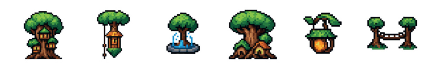 Pixel art set of fantasy trees and magical forest elements for a video game, including a detailed treehouse, fountain, lantern, and archway in a retro 8-bit style
