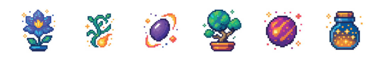 Pixel art collection of magical fantasy items including a glowing flower, fiery vine, enchanted egg, potted tree, and a sparkling potion bottle for a retro video game