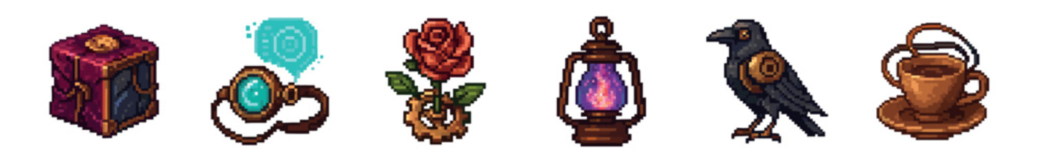 Set of detailed pixel art fantasy icons with steampunk elements, including a magical lantern, a mechanical raven, a glowing monocle, a gear rose, an ornate box, and a copper cup