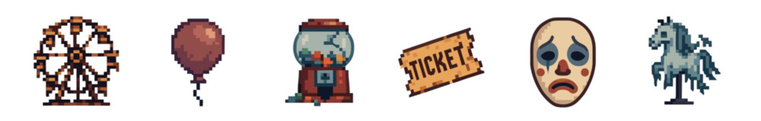 Pixel art collection of creepy carnival items including a Ferris wheel, balloon, gumball machine, ticket, sad mask, and horse, designed with a vintage 8-bit game aesthetic