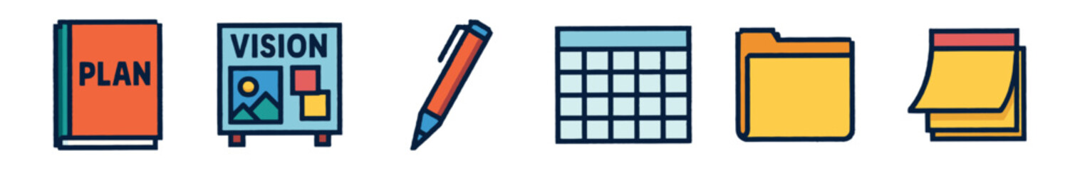 Colorful set of hand-drawn business icons representing planning, vision, strategy, and organization, featuring a planner, vision board, pen, spreadsheet, and folder