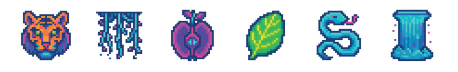 Colorful pixel art video game sprite set featuring a tiger mask, jellyfish, moth, leaf, snake, and pillar in a vibrant, retro 8-bit style for digital asset creation