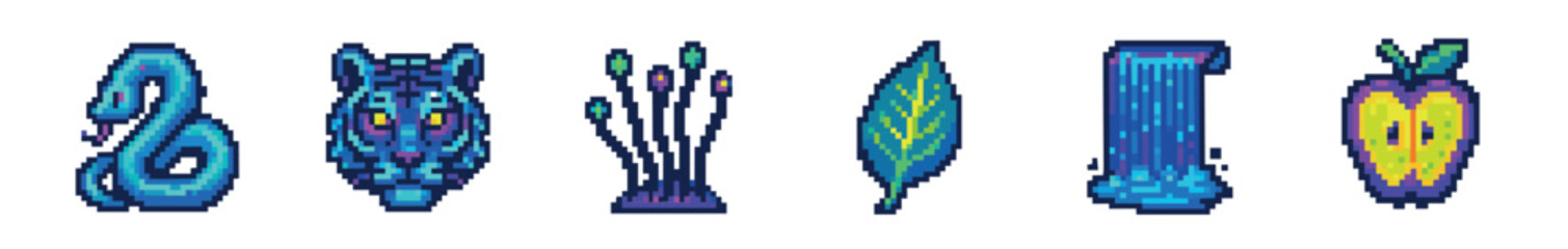 Vibrant pixel art icon set featuring a snake, tiger, plant, leaf, waterfall, and apple, designed in a colorful retro 8-bit video game aesthetic with a neon palette