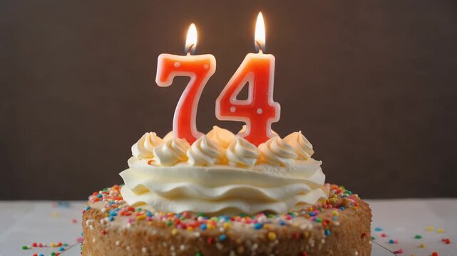 Decorated cake with candle in number 74. Video for birthday or anniversary party and celebration