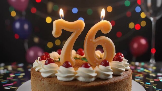 Decorated cake with candle in number 76. Video for birthday or anniversary party and celebration