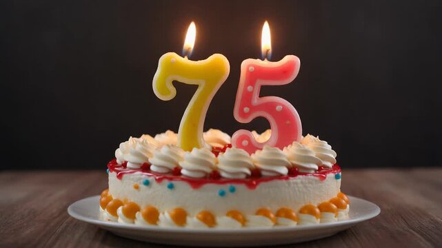 Decorated cake with candle in number 75. Video for birthday or anniversary party and celebration