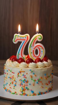 Decorated cake with candle in number 76. Video for birthday or anniversary party and celebration
