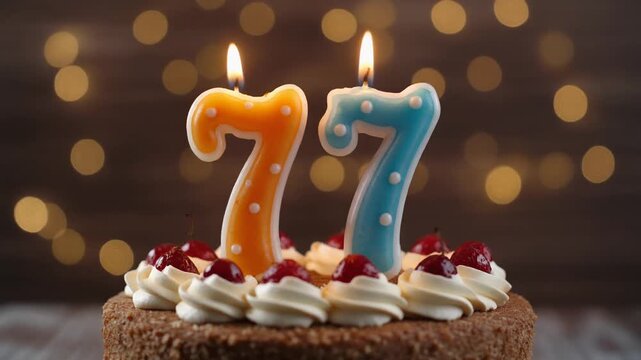Decorated cake with candle in number 77. Video for birthday or anniversary party and celebration