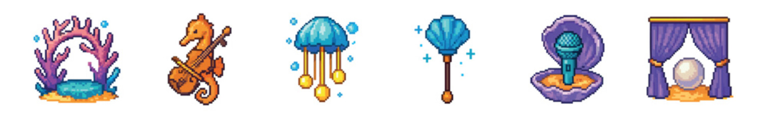 Colorful set of pixel art icons for a fantasy video game, including a musical seahorse, coral arch, jellyfish lantern, shell microphone, scepter, and a magical portal