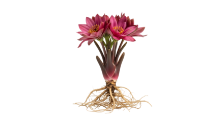 Pink Water Lily Flowers, with Visible Root System, isolated on transparent background, cutout, PNG