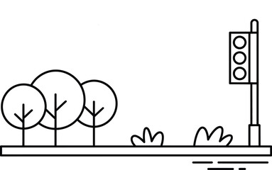 Line art street scene with trees and traffic light Vector