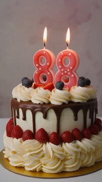 Decorated cake with candle in number 88. Video for birthday or anniversary party and celebration