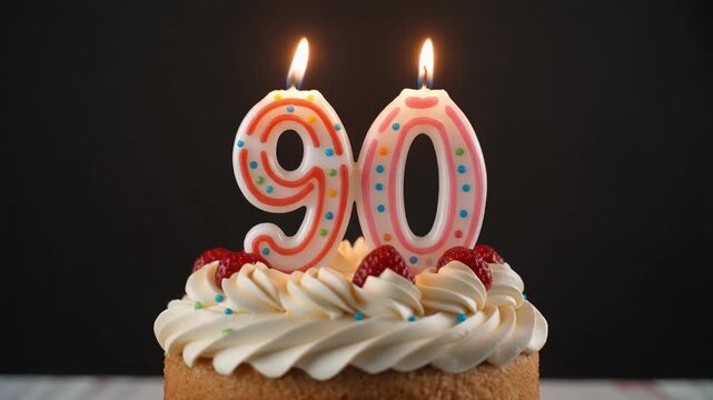 Decorated cake with candle in number 90. Video for birthday or anniversary party and celebration