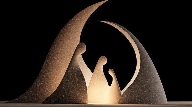 Modern nativity scene with minimalist geometric shapes, soft warm lighting, clean lines, and a serene holy family silhouette in a contemporary setting.