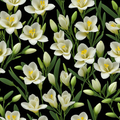 Fototapeta premium Seamless floral pattern with blooming freesia flowers and green foliage on black background, decorative botanical wallpaper and textile motif - AI generated