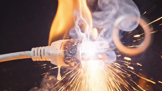 Closeup of a burning electrical plug with melting plastic and smoke, symbolizing danger and electrical hazard