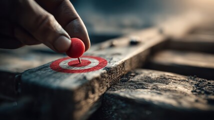 economic growth infrastructure strategy. Hand placing a red pin on a wooden board with a target design.