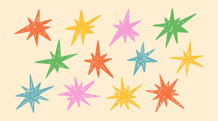 Cute Crayon Hand Drawn Star Set. Whimsical celestial doodles with rough pastel textures. Playful sketched icons feature organic crayon finishes for childish designs, collages, and creative background