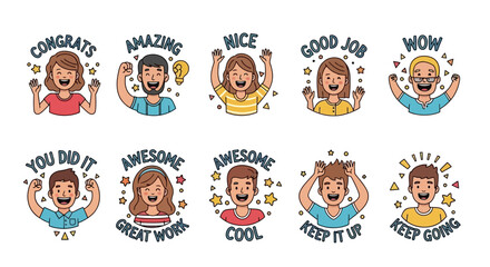 Set of cartoon stickers with positive messages and joyful characters for encouragement