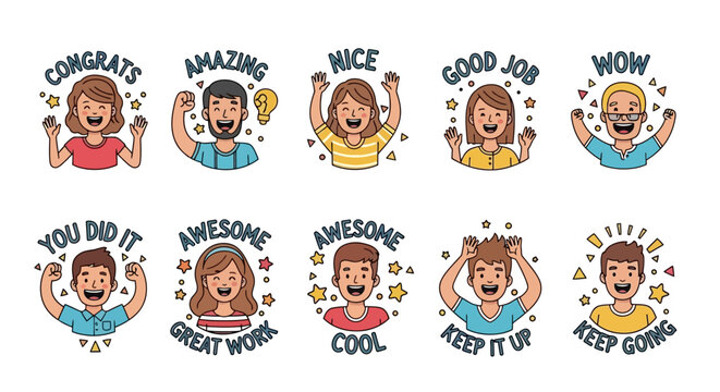 Set of cartoon stickers with positive messages and joyful characters for encouragement