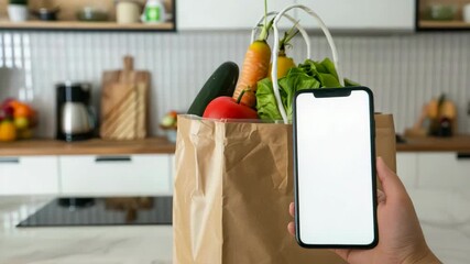 Hand holding smart phone with blank screen at Eco friendly reusable shopping bag with fresh organic vegetables on kitchen table. food delivery, online shopping app, farm products. customer reviews