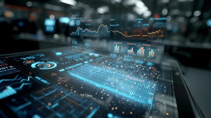 Futuristic digital interface displaying complex data visualizations and holographic projections on a tablet device in a modern office environment. - Powered by Adobe