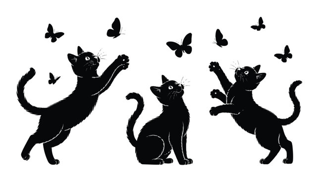 A black and white silhouette illustration of three black cats playing with butterflies.