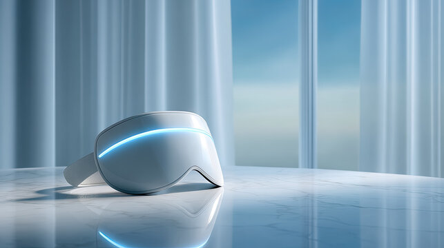 Futuristic virtual reality headset on a sleek surface with soft lighting and copy space