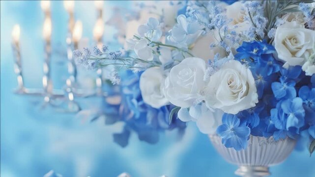 Stylish wedding or event centerpiece arrangement with blue flowers, candles, and white roses in full bloom. - Powered by Adobe