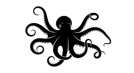 Black silhouette of an octopus with curled tentacles isolated on white background