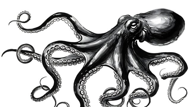 Detailed black and white illustration of a realistic octopus with tentacles isolated on white background - Powered by Adobe