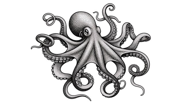 Vintage engraved illustration of an octopus with many tentacles isolated on white background
