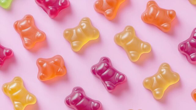 Assorted gummy bears with colorful jelly centers on a pink background. Perfect for candy lovers and sweet treats.