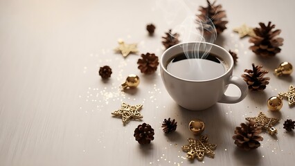 Warm up winter mornings with coffee, pinecones, and golden stars for a festive, cozy vibe perfect for holiday promotions and seasonal designs today