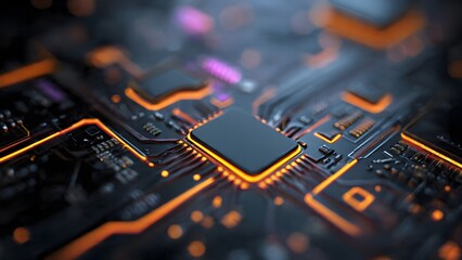 Close-up of Minimal Futuristic Circuit Board with Soft Neon Orange and Pink Accents, Shallow Depth of Field, Representing Technology, Computing, and Electronics
