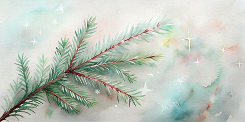 watercolor illustration of a single evergreen fir branch set against a soft, ethereal background blending pastel blue, green, and pink with subtle glitter and snowflake details
