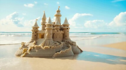 fairy sand castle on a beautiful beach on sunny day. Summer vacation, holidays, travel, dream concept. waves washing away sand castle on the sea beach