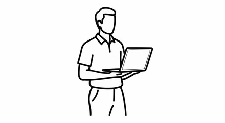 Man holding a laptop computer in a simple line drawing style.