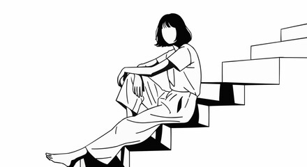 Monochrome Illustration of a Woman Sitting on Stairs in Simple Style.